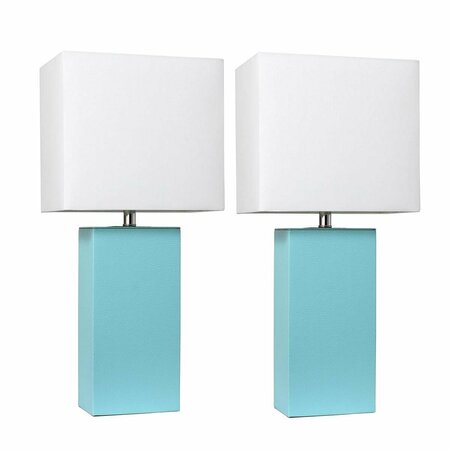 FEELTHEGLOW Modern Leather Table Lamps, Aqua with White Fabric Shades, 2PK FE2519717